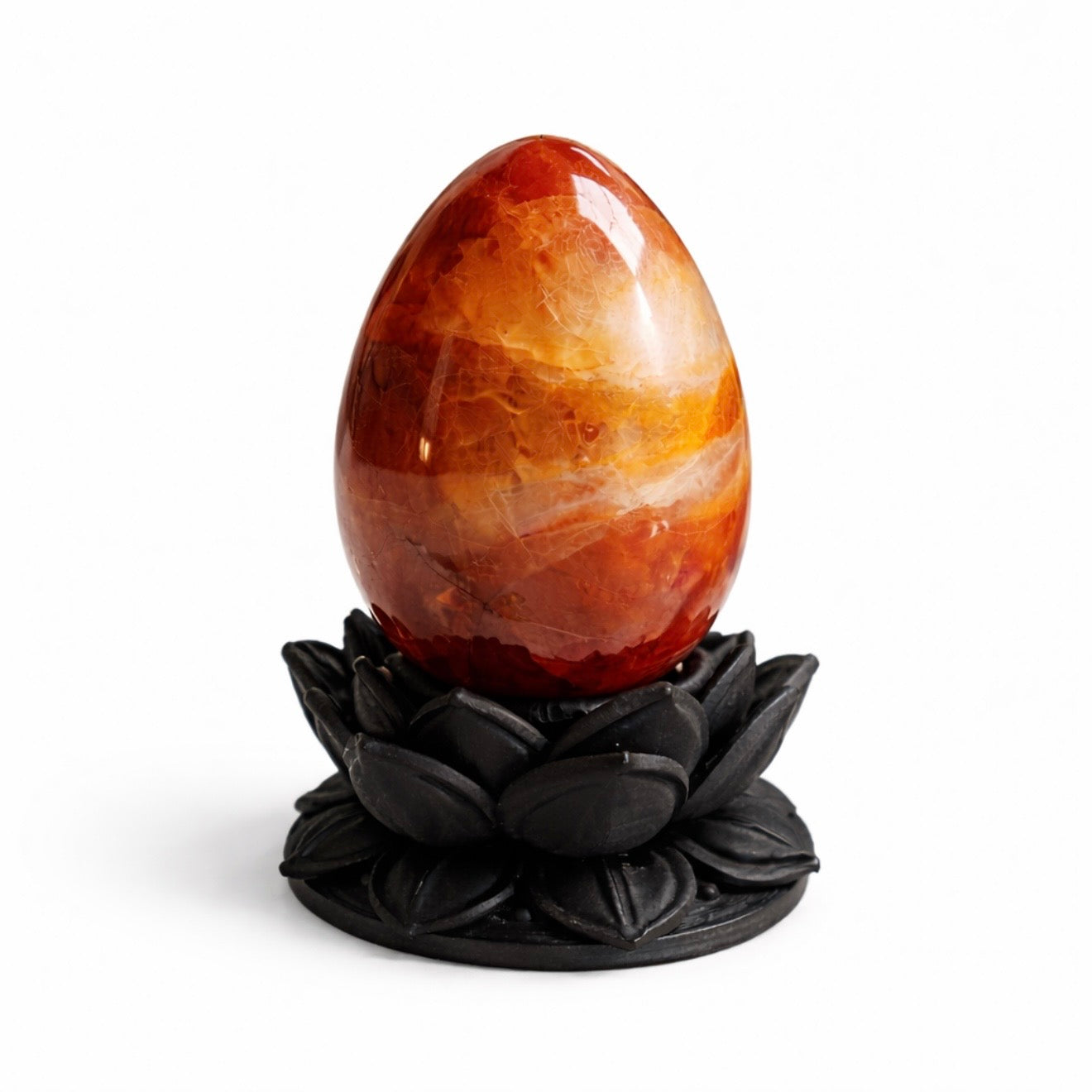 Dark Ethereal Lotus Crystal Egg Stand with Carnelian Agate Egg (Mystic Decor Piece)