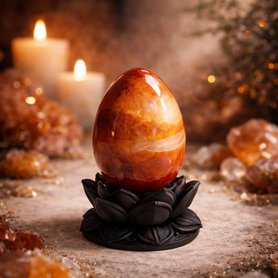 Dark Ethereal Lotus Crystal Egg Stand with Carnelian Agate Egg (Mystic Decor Piece) - KREATEUR Miami crystal product card