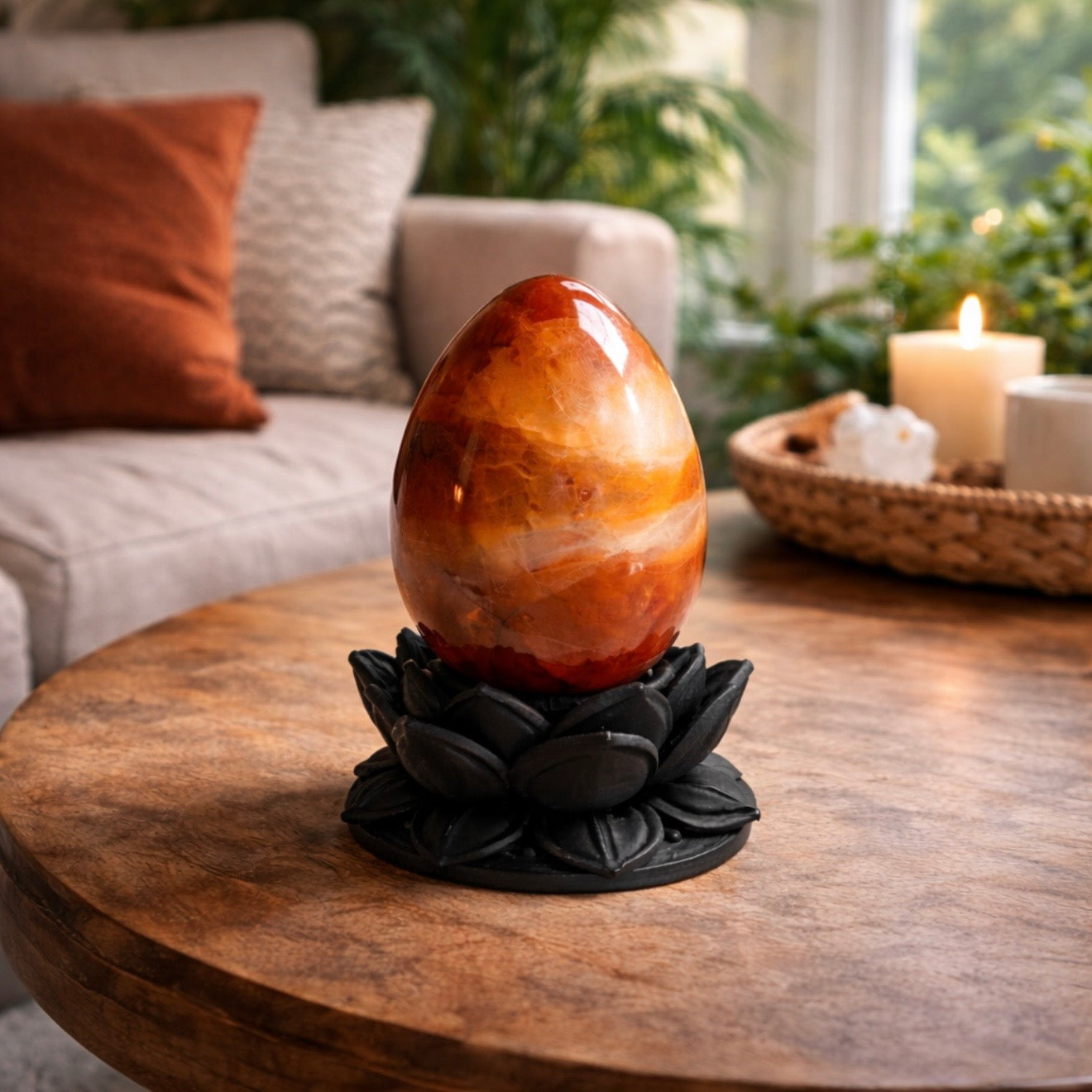 Dark Ethereal Lotus Crystal Egg Stand with Carnelian Agate Egg (Mystic Decor Piece)