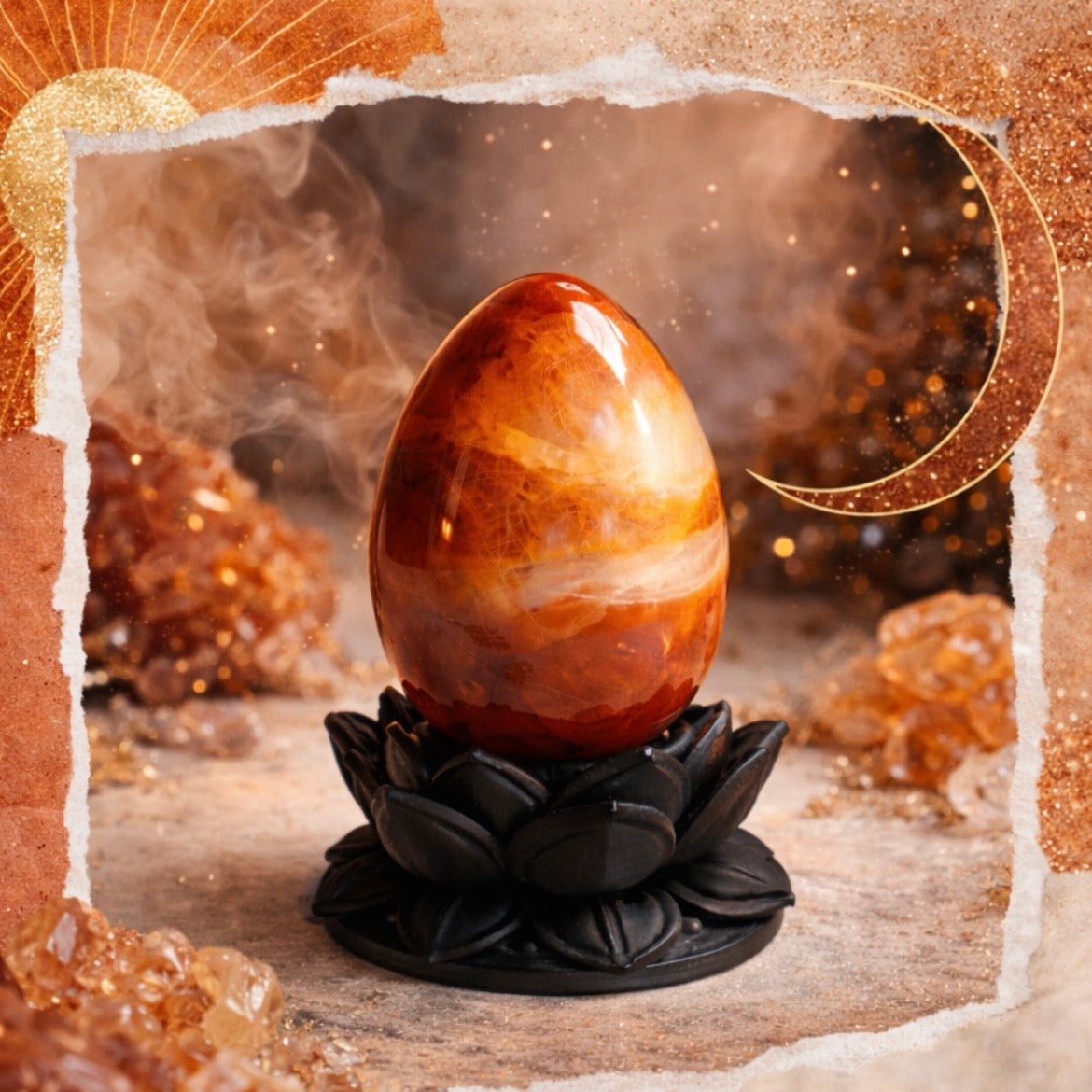 Dark Ethereal Lotus Crystal Egg Stand with Carnelian Agate Egg (Mystic Decor Piece)