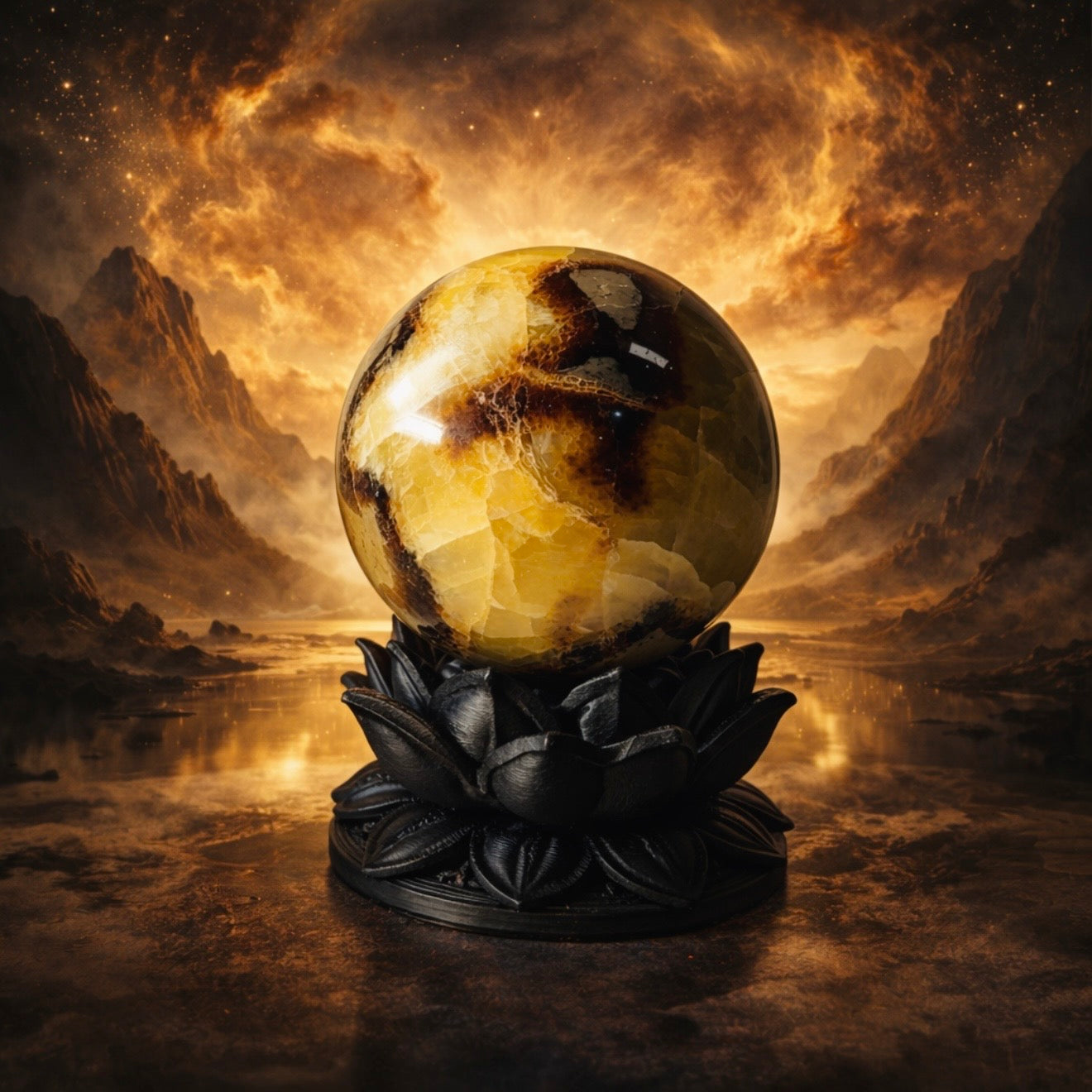 Support de boule de cristal Lotus sombre éthéré avec sphère en pierre de dragon septariaire