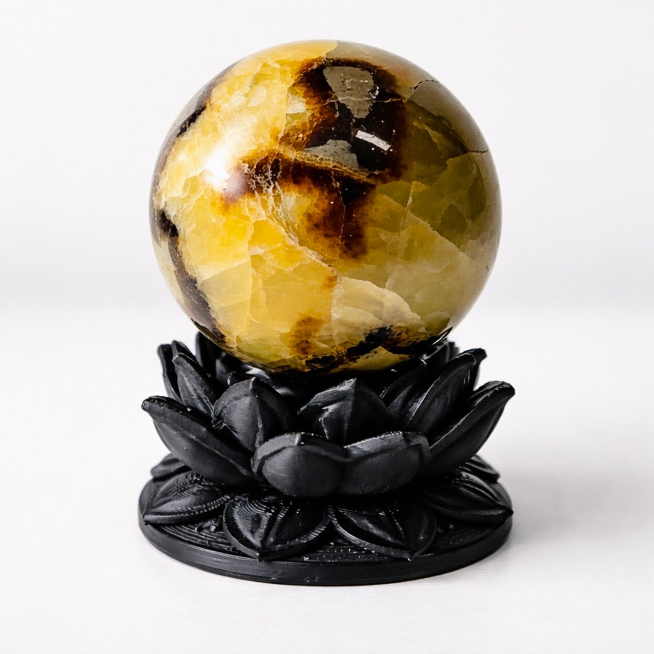 Support de boule de cristal Lotus sombre éthéré avec sphère en pierre de dragon septariaire