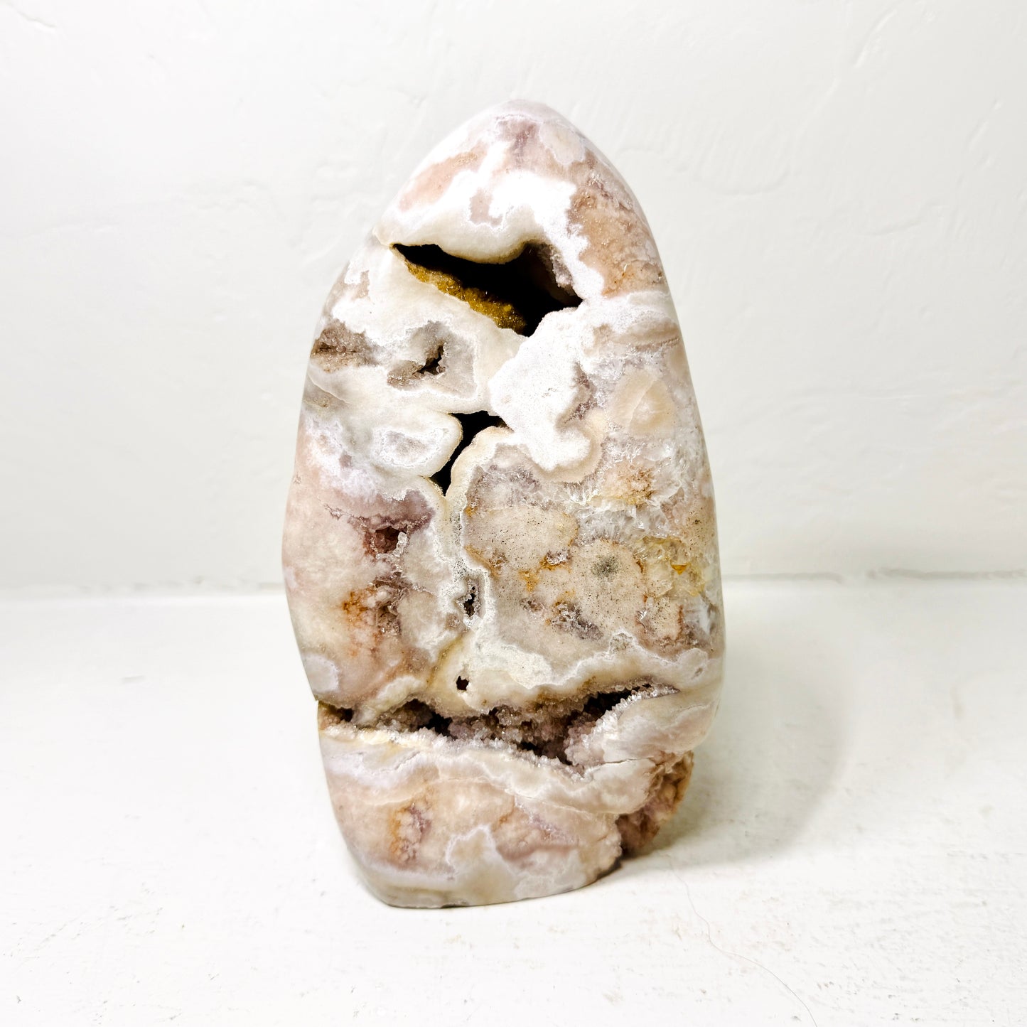 Polished Pink Amethyst Flower Agate Freeform – Subtle Lavender Tones, Orbicular Patterns & Natural Druzy Cavities