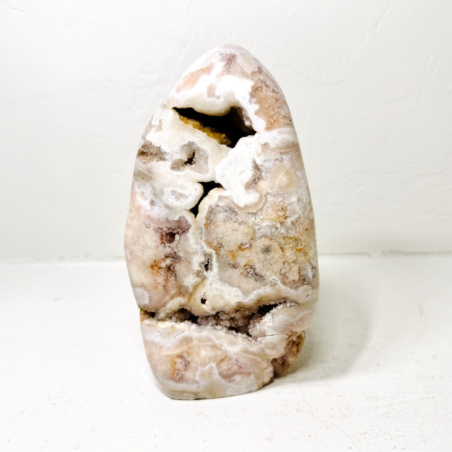 Polished Pink Amethyst Flower Agate Freeform – Subtle Lavender Tones, Orbicular Patterns & Natural Druzy Cavities - KREATEUR Miami crystal product card