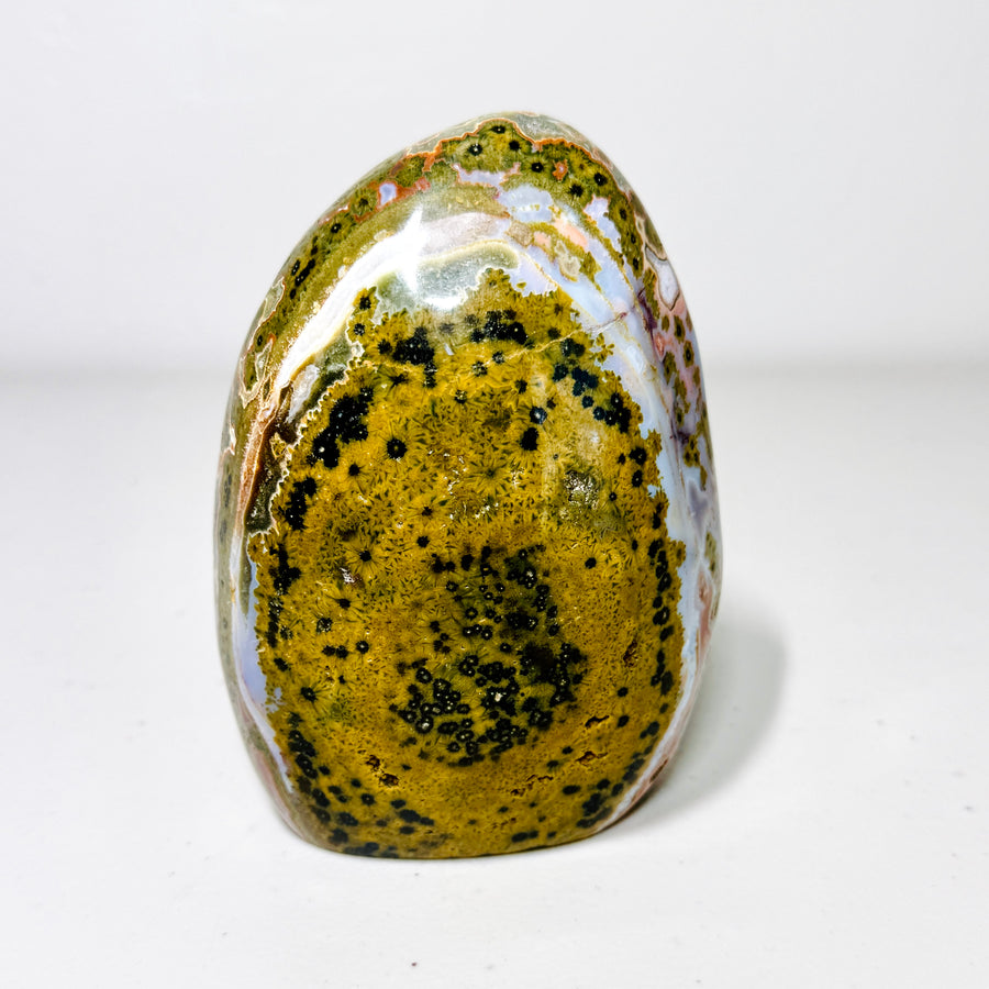 Polished Kabamby Ocean Jasper Freeform: Olive Green, Red & Lavender Accents - KREATEUR Miami crystal product card