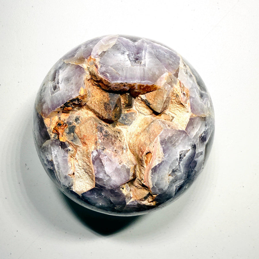 One-of-a-kind Chevron Amethyst sphere with natural crystal cavity, view 1