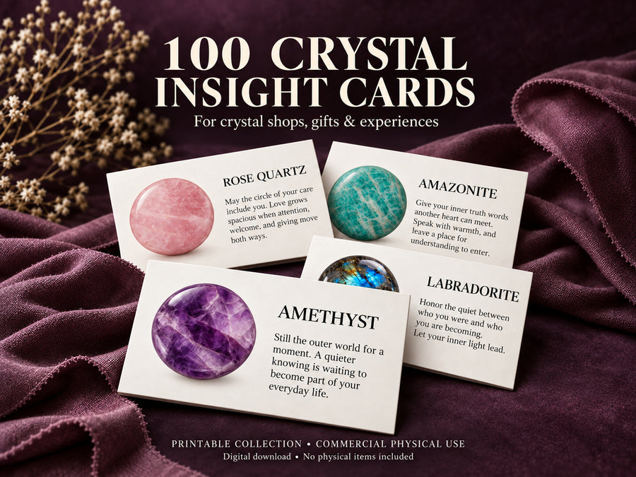 100 printable Crystal Insight Cards for crystal shops and gift boxes, with commercial physical-use license