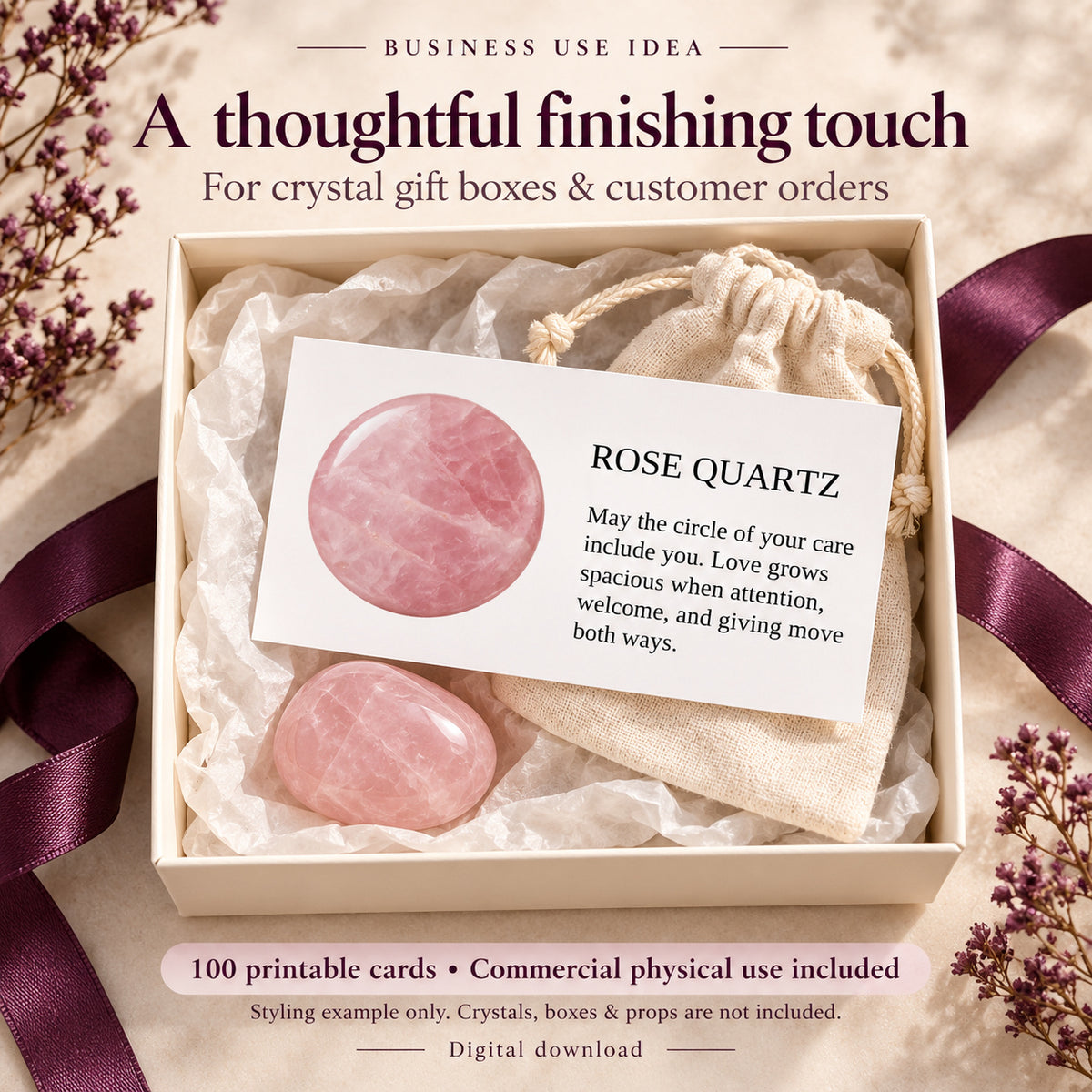 Example crystal gift box with a printable Crystal Insight Card; physical items are mockups only