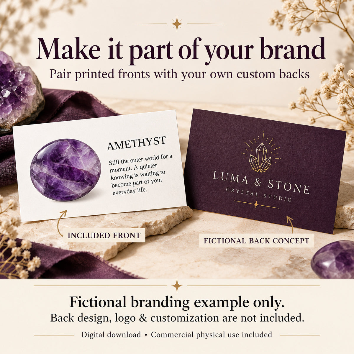 Fictional Luma and Stone branding example; logo and card back template are not included