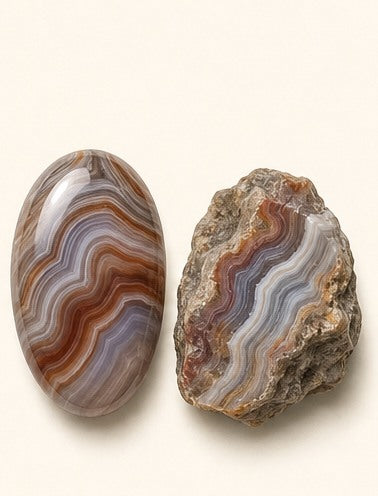 Agate shown as a polished palm-stone or cabochon form beside a rough form in a generated educational comparison illustration