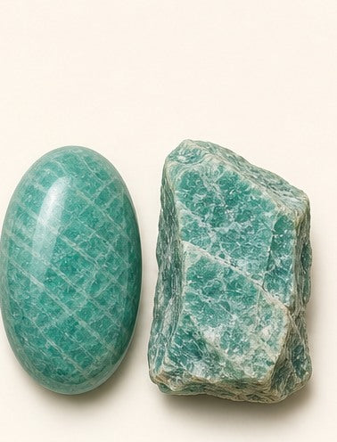 Amazonite shown as a polished palm-stone or cabochon form beside a rough form in a generated educational comparison illustration