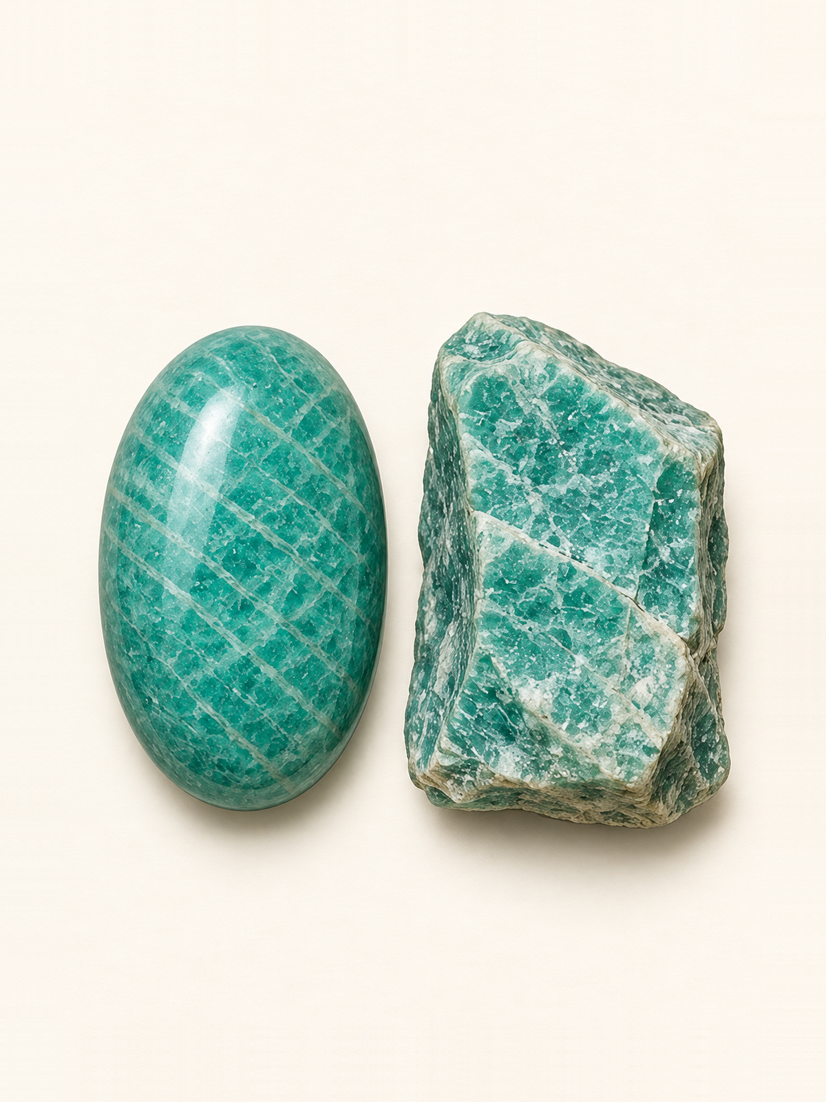 Amazonite shown as a polished palm-stone or cabochon form beside a rough form in a generated educational comparison illustration