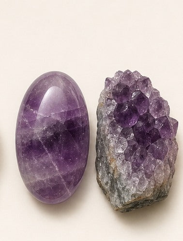 Amethyst shown as a polished palm-stone or cabochon form beside a rough form in a generated educational comparison illustration