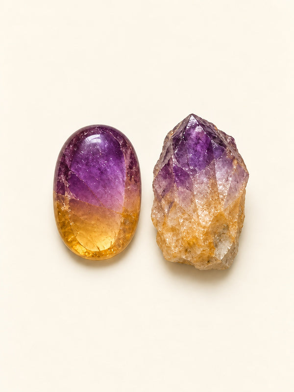 Ametrine shown as a polished palm-stone or cabochon form beside a rough form in a generated educational comparison illustration