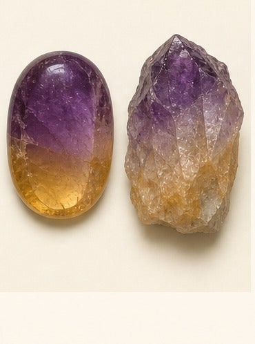 Ametrine shown as a polished palm-stone or cabochon form beside a rough form in a generated educational comparison illustration