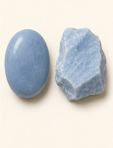 Anhydrite / Angelite shown as a polished palm-stone or cabochon form beside a rough form in a generated educational comparison illustration