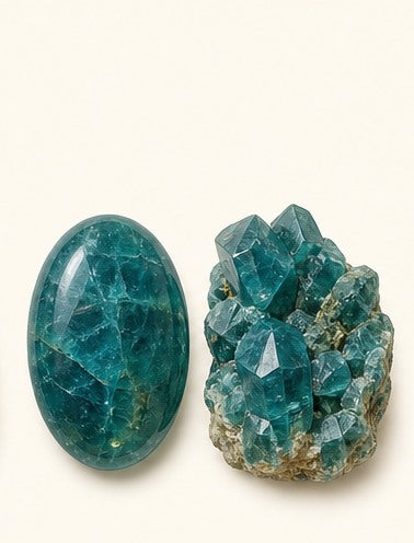 Apatite shown as a polished palm-stone or cabochon form beside a rough form in a generated educational comparison illustration