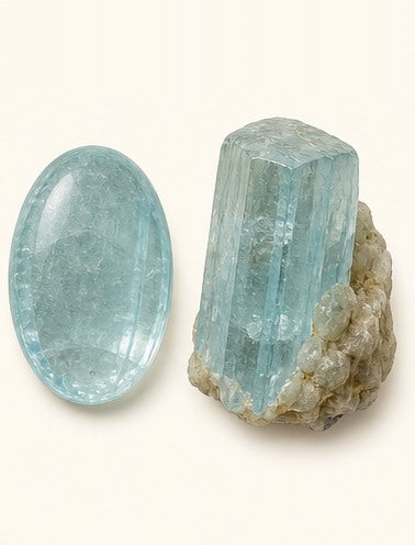 Aquamarine shown as a polished palm-stone or cabochon form beside a rough form in a generated educational comparison illustration