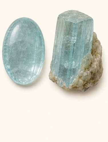 Aquamarine shown as a polished palm-stone or cabochon form beside a rough form in a generated educational comparison illustration