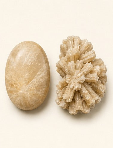 Aragonite shown as a polished palm-stone or cabochon form beside a rough form in a generated educational comparison illustration