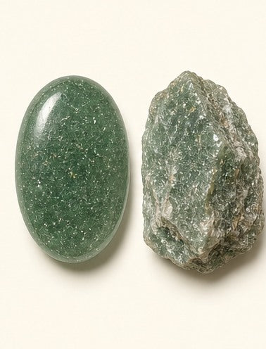 Aventurine Quartz shown as a polished palm-stone or cabochon form beside a rough form in a generated educational comparison illustration