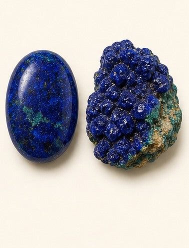 Azurite shown as a polished palm-stone or cabochon form beside a rough form in a generated educational comparison illustration