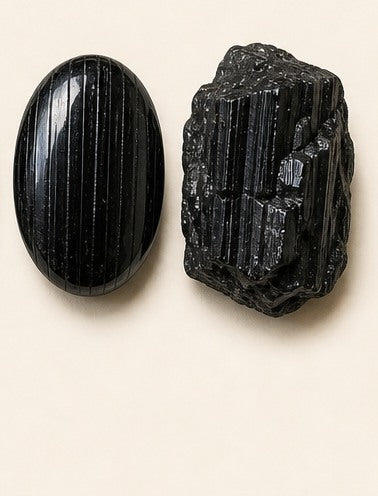 Black Tourmaline shown as a polished palm-stone or cabochon form beside a rough form in a generated educational comparison illustration