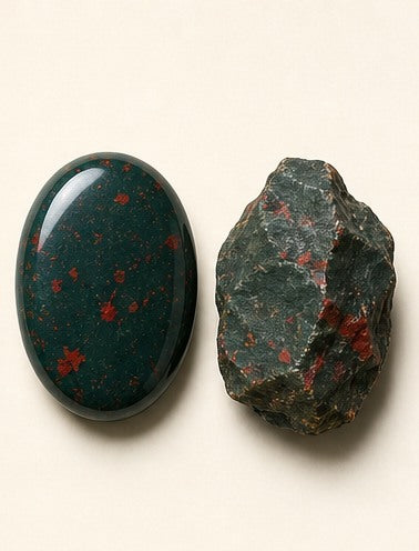 Bloodstone shown as a polished palm-stone or cabochon form beside a rough form in a generated educational comparison illustration