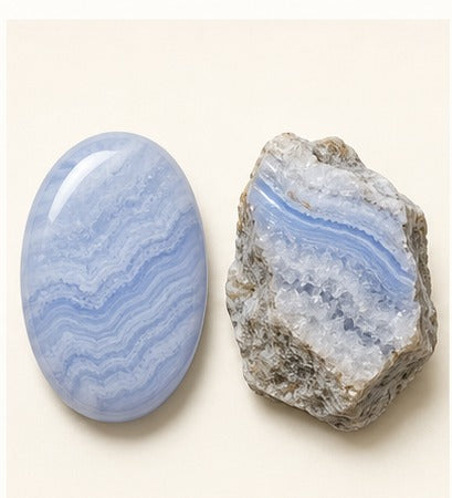 Blue Lace Agate shown as a polished palm-stone or cabochon form beside a rough form in a generated educational comparison illustration