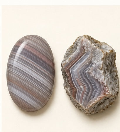 Botswana Agate shown as a polished palm-stone or cabochon form beside a rough form in a generated educational comparison illustration