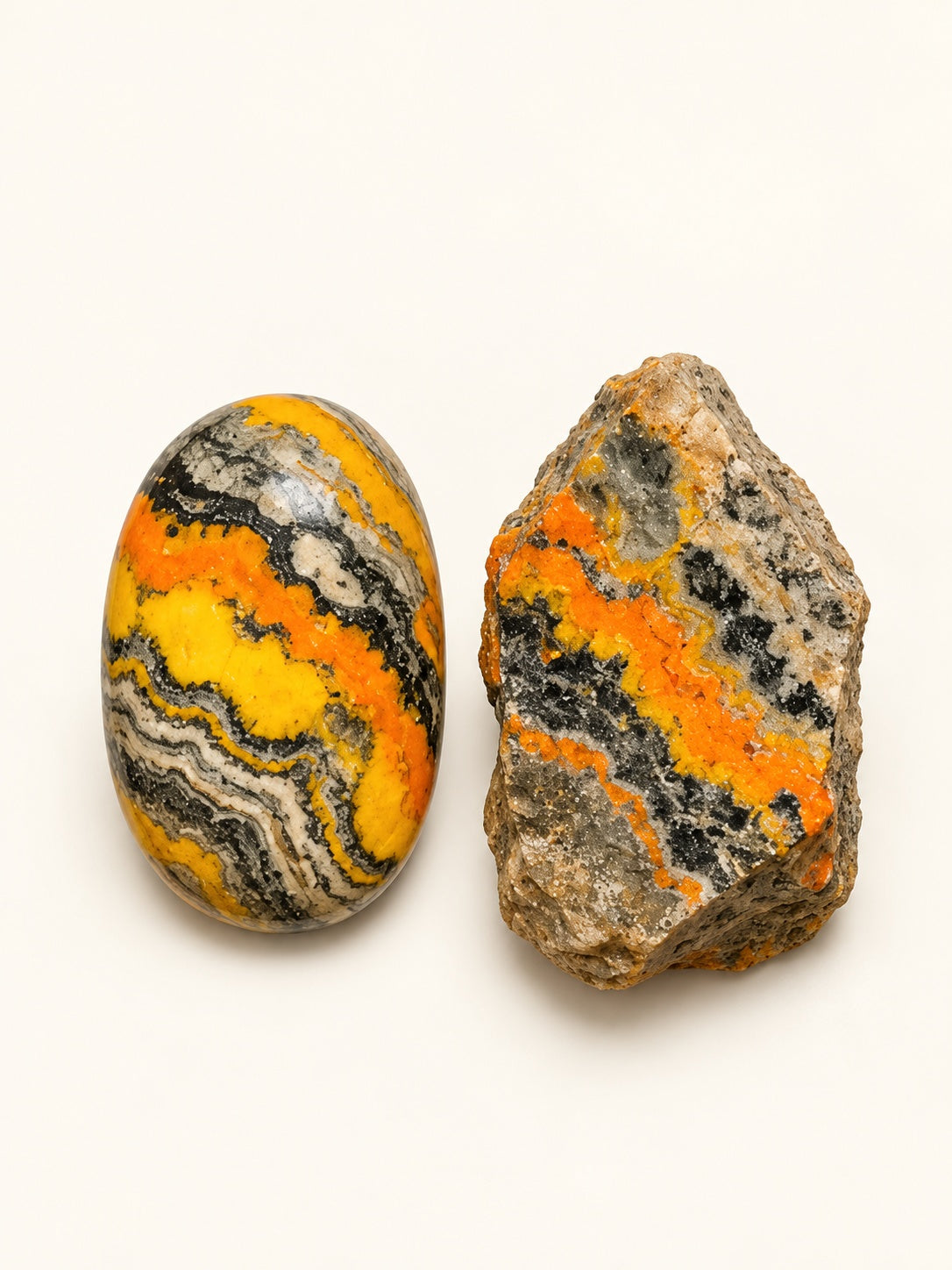 Bumblebee Jasper shown as a polished palm-stone or cabochon form beside a rough form in a generated educational comparison illustration