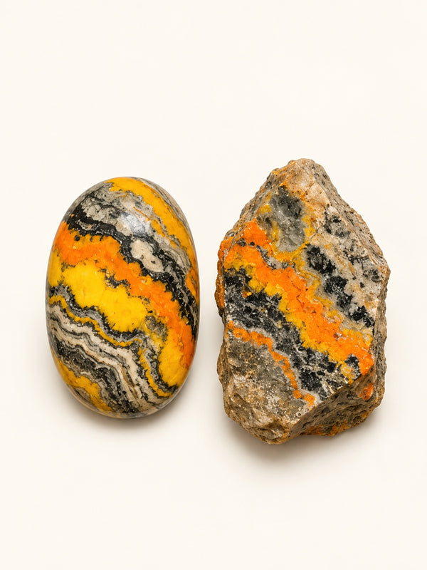 Bumblebee Jasper shown as a polished palm-stone or cabochon form beside a rough form in a generated educational comparison illustration