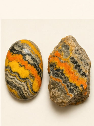 Bumblebee Jasper shown as a polished palm-stone or cabochon form beside a rough form in a generated educational comparison illustration