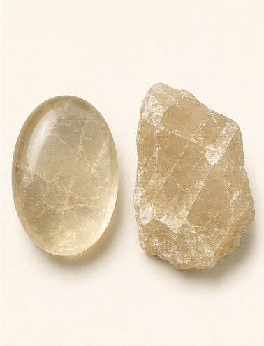 Calcite shown as a polished palm-stone or cabochon form beside a rough form in a generated educational comparison illustration