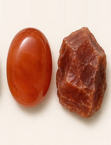 Carnelian shown as a polished palm-stone or cabochon form beside a rough form in a generated educational comparison illustration