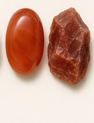 Carnelian shown as a polished palm-stone or cabochon form beside a rough form in a generated educational comparison illustration