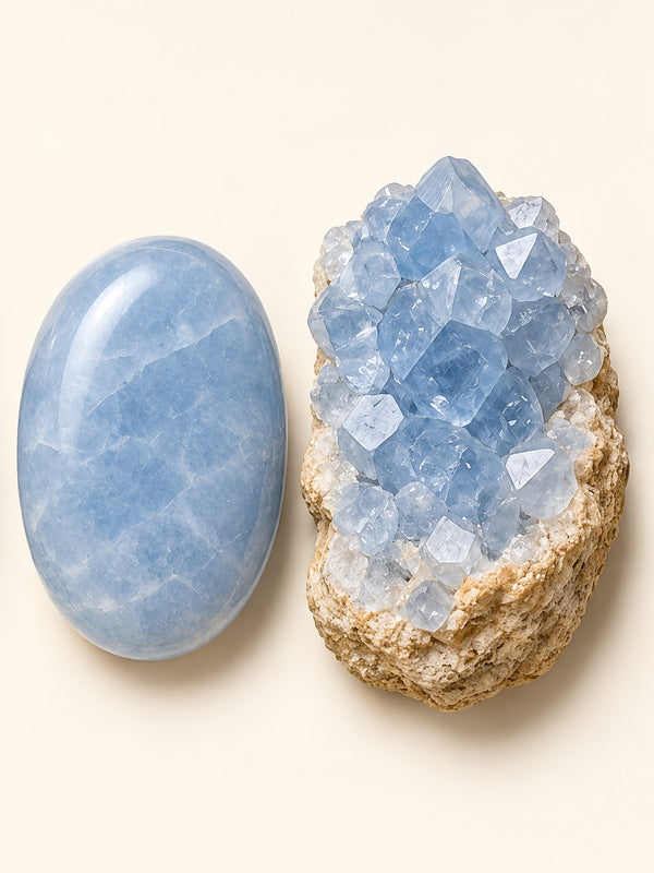 Celestite shown as a polished palm-stone or cabochon form beside a rough form in a generated educational comparison illustration