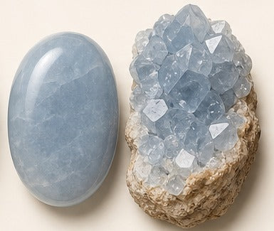 Celestite shown as a polished palm-stone or cabochon form beside a rough form in a generated educational comparison illustration