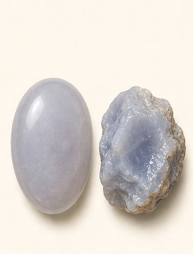 Chalcedony shown as a polished palm-stone or cabochon form beside a rough form in a generated educational comparison illustration