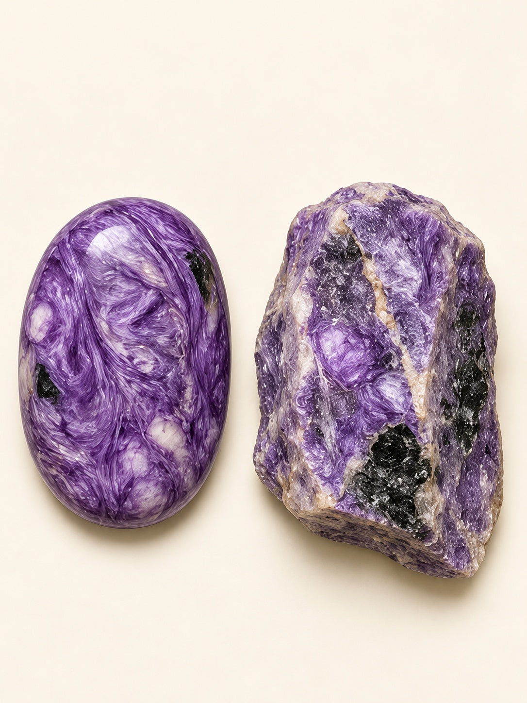 Charoite shown as a polished palm-stone or cabochon form beside a rough form in a generated educational comparison illustration