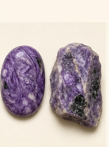 Charoite shown as a polished palm-stone or cabochon form beside a rough form in a generated educational comparison illustration