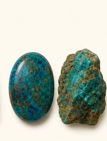 Chrysocolla shown as a polished palm-stone or cabochon form beside a rough form in a generated educational comparison illustration