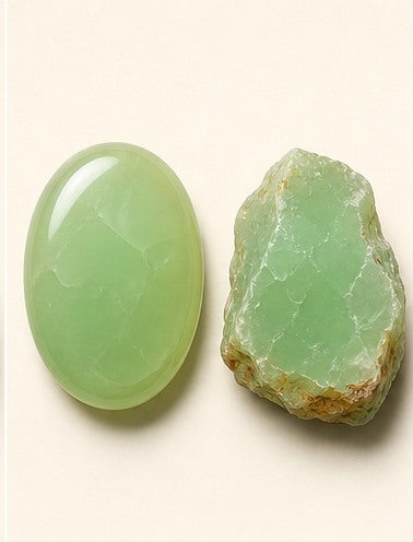 Chrysoprase shown as a polished palm-stone or cabochon form beside a rough form in a generated educational comparison illustration