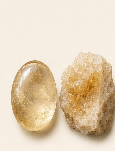 Citrine shown as a polished palm-stone or cabochon form beside a rough form in a generated educational comparison illustration