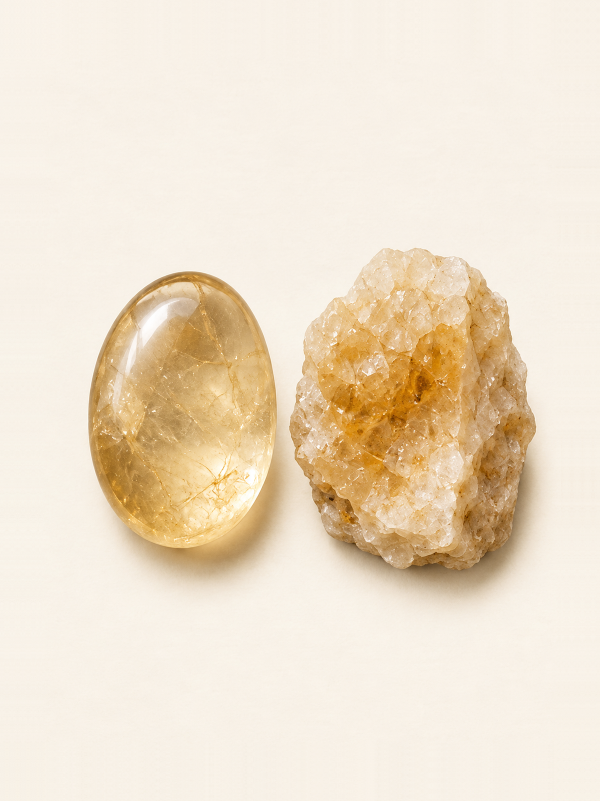 Citrine shown as a polished palm-stone or cabochon form beside a rough form in a generated educational comparison illustration