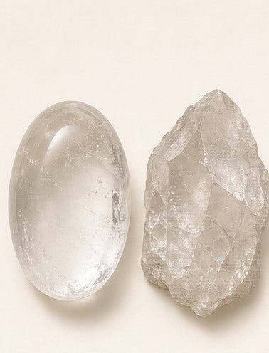 Clear Quartz shown as a polished palm-stone or cabochon form beside a rough form in a generated educational comparison illustration