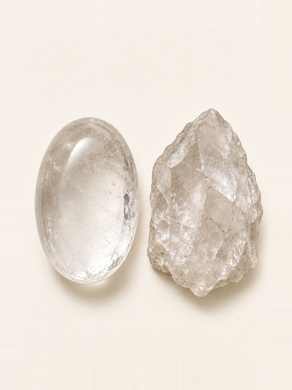 Clear Quartz shown as a polished palm-stone or cabochon form beside a rough form in a generated educational comparison illustration