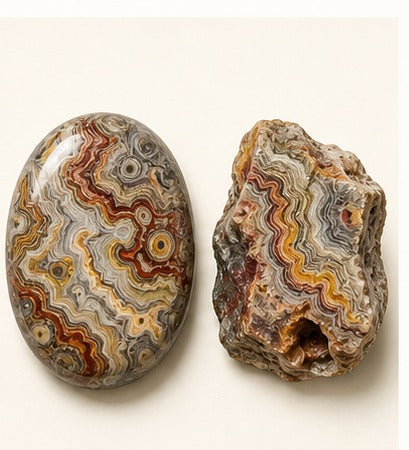 Crazy Lace Agate shown as a polished palm-stone or cabochon form beside a rough form in a generated educational comparison illustration