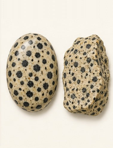 Dalmatian Stone shown as a polished palm-stone or cabochon form beside a rough form in a generated educational comparison illustration