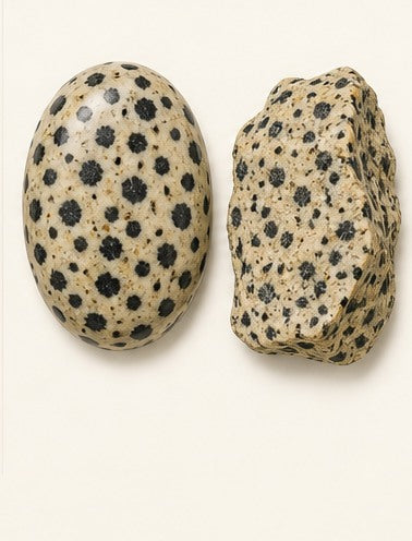 Dalmatian Stone shown as a polished palm-stone or cabochon form beside a rough form in a generated educational comparison illustration